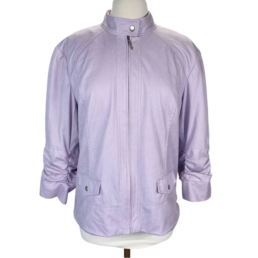 CHICO'S Purple Faux Leather Snake Skin Moto Jacket 3/4 Ruched Sleeves XL Light